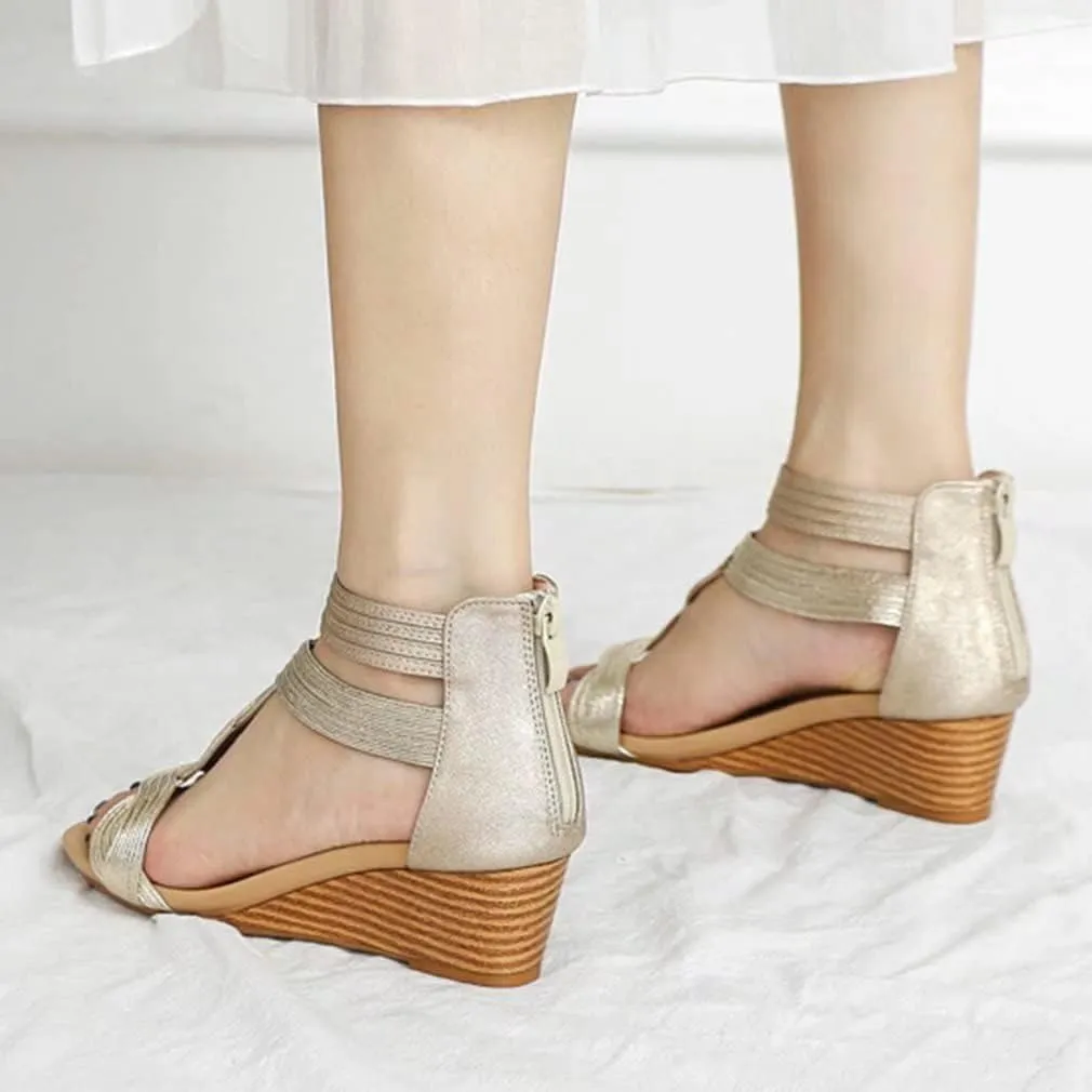 Women's Summer Wedge Sandals Gladiator Rhinestone High Heel Breathable Beach Sandals Roman Open Toe Casual Dress Sandals