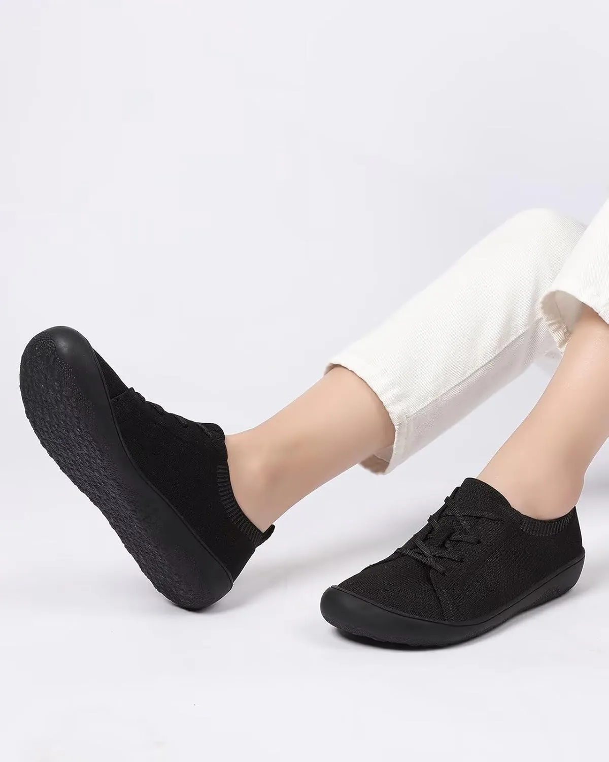 Women's Wide Toe Minimalist Barefoot Walking Shoes Comfort Low Top Knit Lace-up Sneakers Casual Outdoor Tennis Shoes
