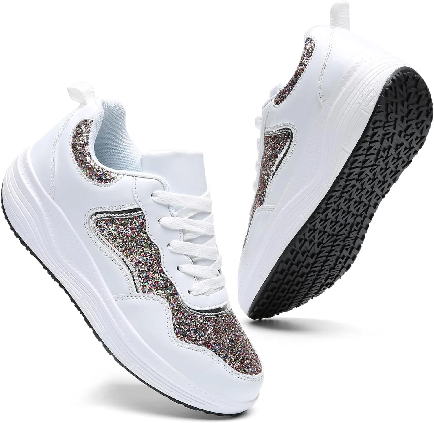 WUIWUIYU Women's Girls' Wedge Platform Shiny PU Sparkly Sequins Glitter Lace-Up Sneakers Street Dance Shoes