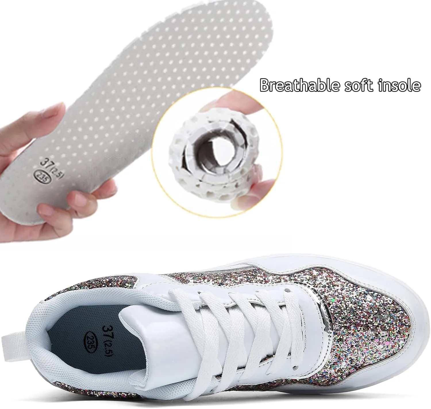 WUIWUIYU Women's Girls' Wedge Platform Shiny PU Sparkly Sequins Glitter Lace-Up Sneakers Street Dance Shoes