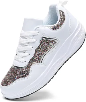 WUIWUIYU Women's Girls' Wedge Platform Shiny PU Sparkly Sequins Glitter Lace-Up Sneakers Street Dance Shoes