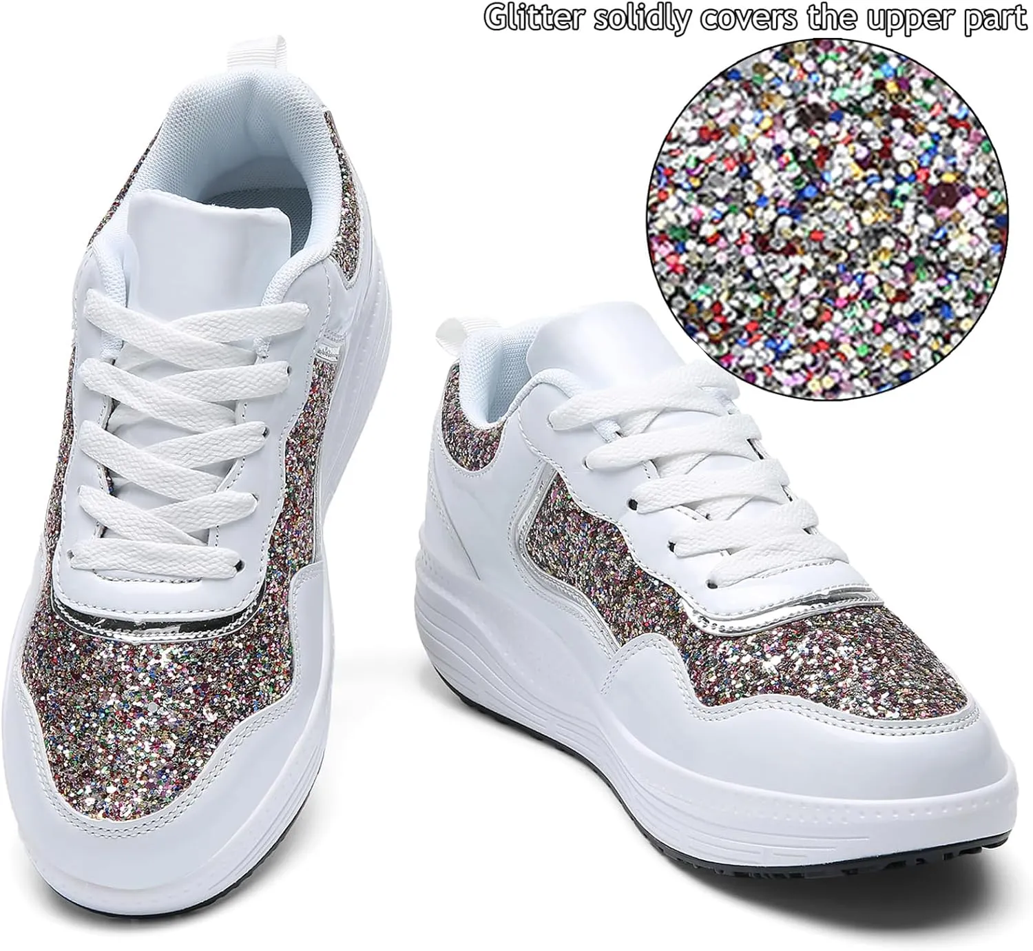 WUIWUIYU Women's Girls' Wedge Platform Shiny PU Sparkly Sequins Glitter Lace-Up Sneakers Street Dance Shoes