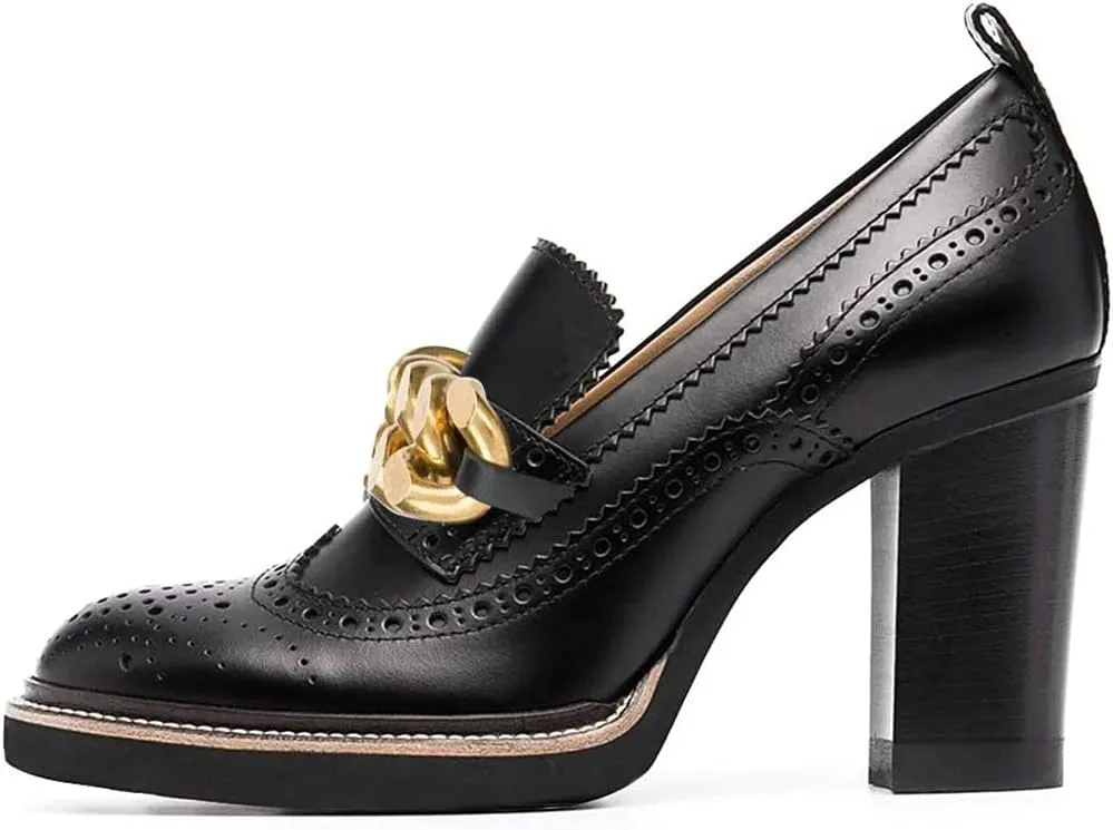 YDN Women Chunky High Heels Round Toe Oxford Chain Loafer Shoes Slip On Leather Office Work Pumps Size 4-16 US