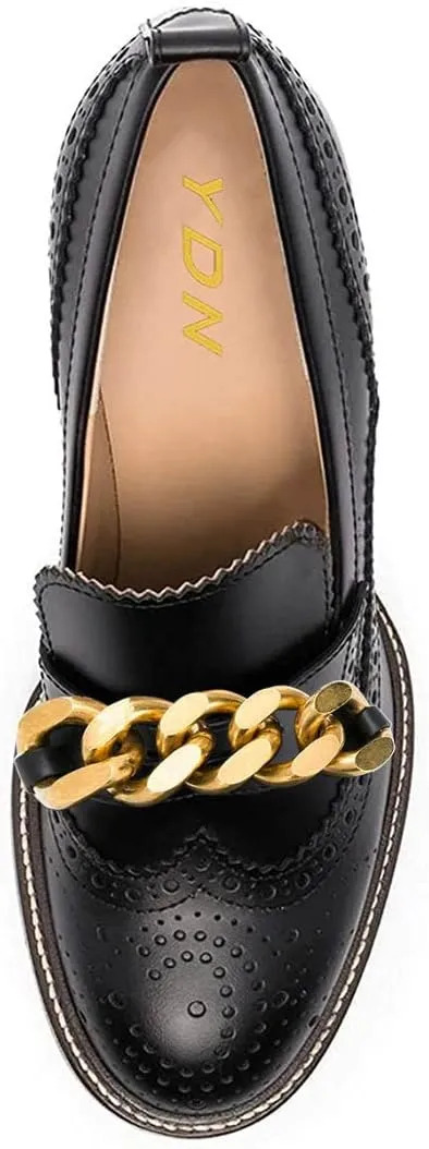 YDN Women Chunky High Heels Round Toe Oxford Chain Loafer Shoes Slip On Leather Office Work Pumps Size 4-16 US
