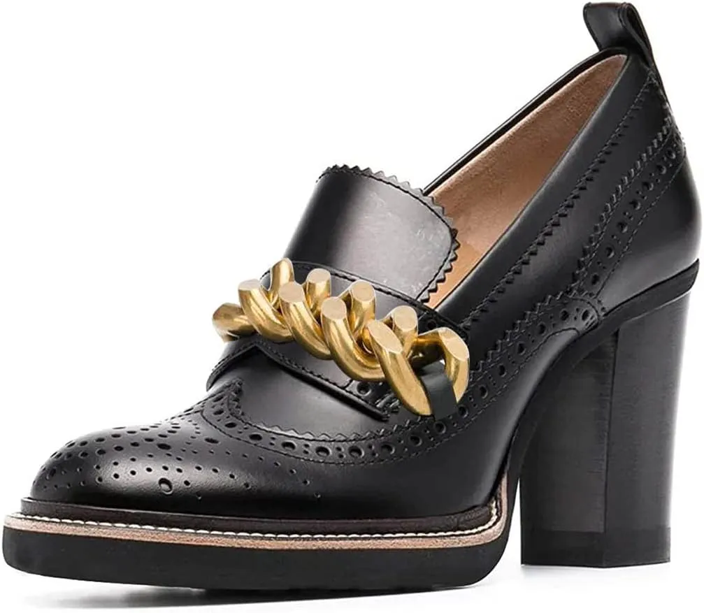 YDN Women Chunky High Heels Round Toe Oxford Chain Loafer Shoes Slip On Leather Office Work Pumps Size 4-16 US