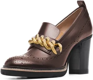 YDN Women Chunky High Heels Round Toe Oxford Chain Loafer Shoes Slip On Leather Office Work Pumps Size 4-16 US