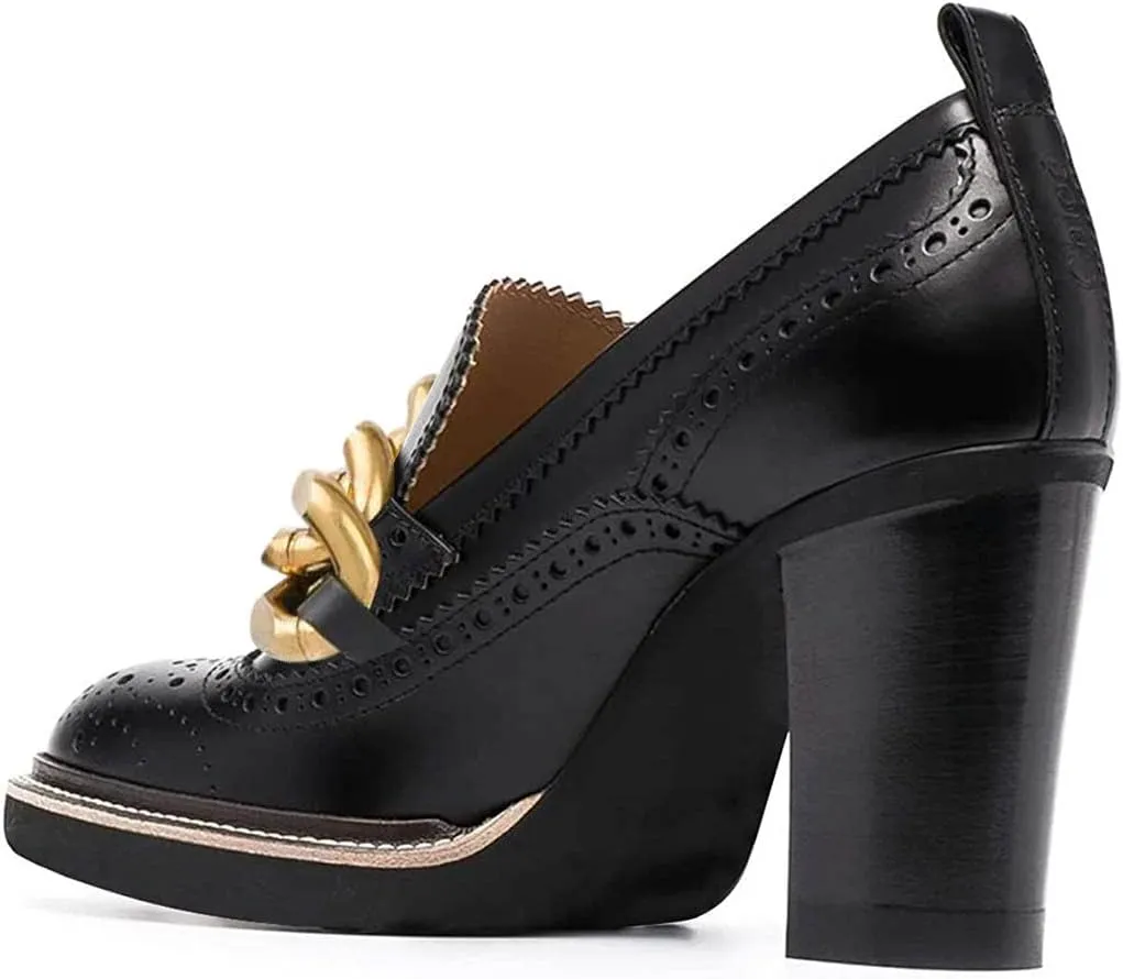 YDN Women Chunky High Heels Round Toe Oxford Chain Loafer Shoes Slip On Leather Office Work Pumps Size 4-16 US
