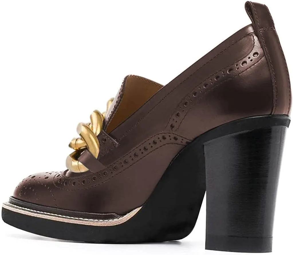 YDN Women Chunky High Heels Round Toe Oxford Chain Loafer Shoes Slip On Leather Office Work Pumps Size 4-16 US