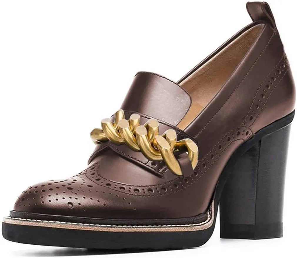 YDN Women Chunky High Heels Round Toe Oxford Chain Loafer Shoes Slip On Leather Office Work Pumps Size 4-16 US