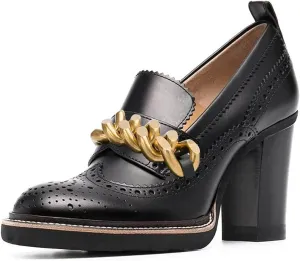 YDN Women Chunky High Heels Round Toe Oxford Chain Loafer Shoes Slip On Leather Office Work Pumps Size 4-16 US