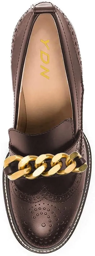 YDN Women Chunky High Heels Round Toe Oxford Chain Loafer Shoes Slip On Leather Office Work Pumps Size 4-16 US
