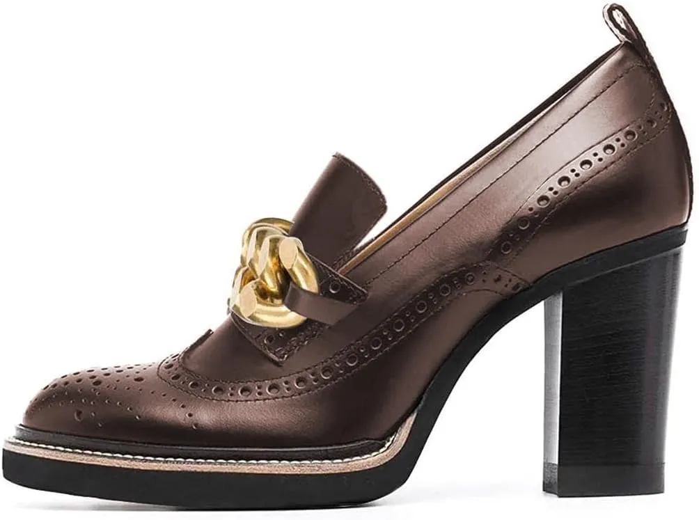 YDN Women Chunky High Heels Round Toe Oxford Chain Loafer Shoes Slip On Leather Office Work Pumps Size 4-16 US