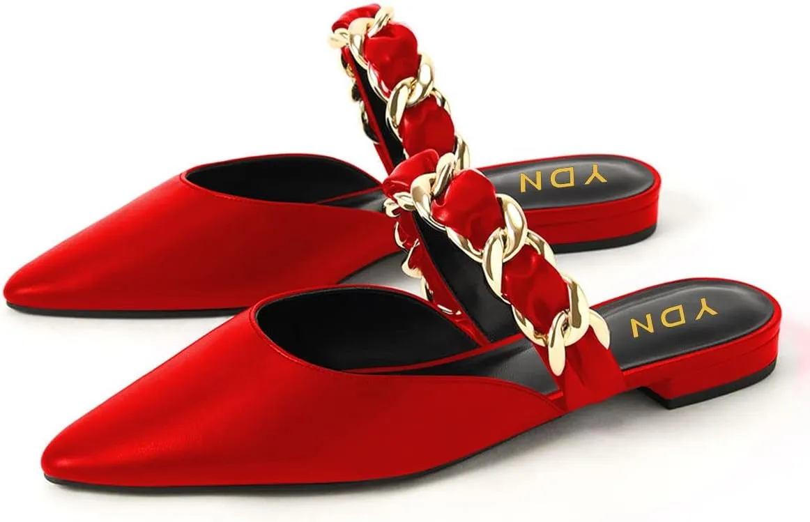 YDN Women Pointed Toe Slip on Mules Chain Strap Flats Backless Penny Loafers Casual Beach Dressy Shoes Size 4-15 US