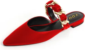 YDN Women Pointed Toe Slip on Mules Chain Strap Flats Backless Penny Loafers Casual Beach Dressy Shoes Size 4-15 US