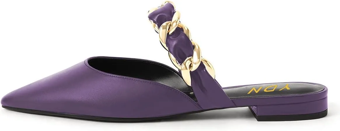 YDN Women Pointed Toe Slip on Mules Chain Strap Flats Backless Penny Loafers Casual Beach Dressy Shoes Size 4-15 US