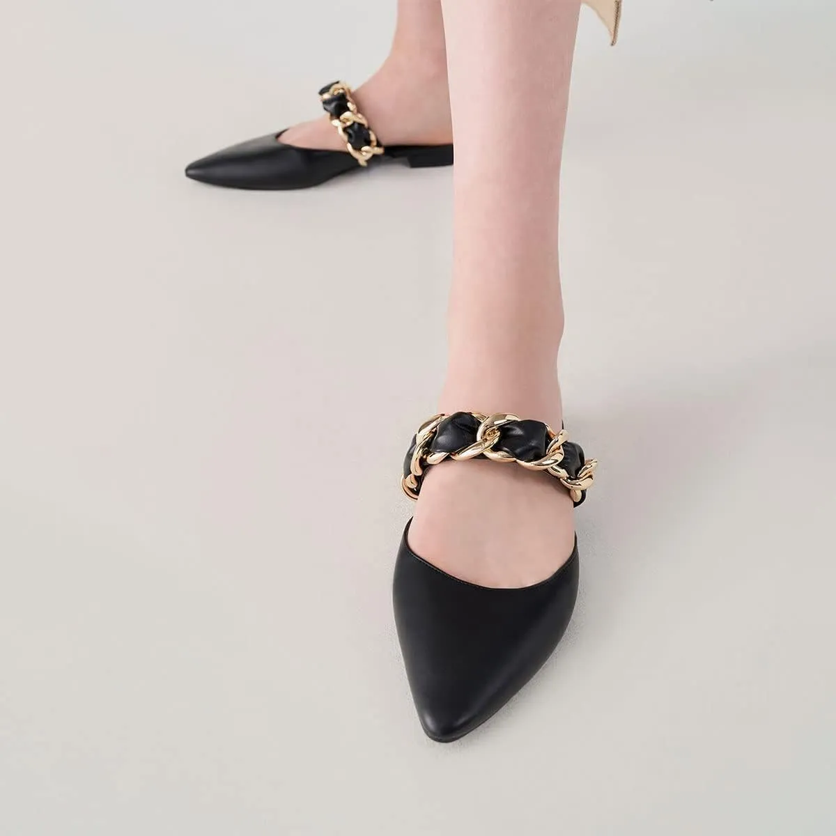 YDN Women Pointed Toe Slip on Mules Chain Strap Flats Backless Penny Loafers Casual Beach Dressy Shoes Size 4-15 US