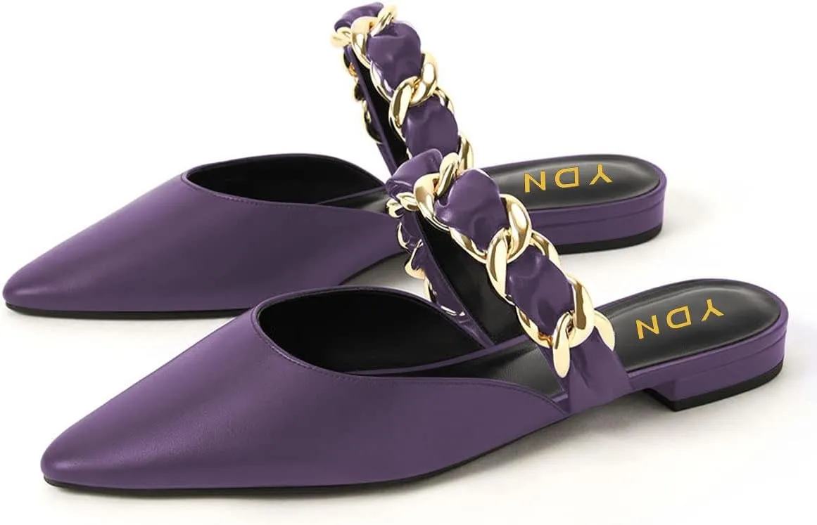 YDN Women Pointed Toe Slip on Mules Chain Strap Flats Backless Penny Loafers Casual Beach Dressy Shoes Size 4-15 US