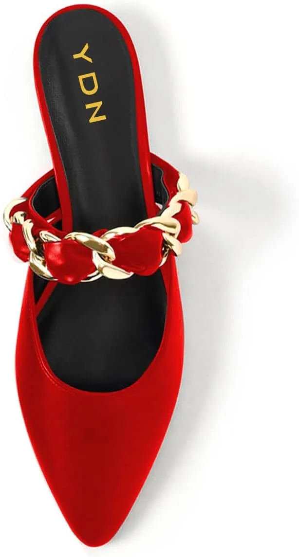 YDN Women Pointed Toe Slip on Mules Chain Strap Flats Backless Penny Loafers Casual Beach Dressy Shoes Size 4-15 US