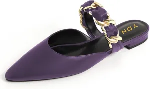 YDN Women Pointed Toe Slip on Mules Chain Strap Flats Backless Penny Loafers Casual Beach Dressy Shoes Size 4-15 US