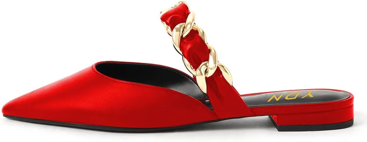 YDN Women Pointed Toe Slip on Mules Chain Strap Flats Backless Penny Loafers Casual Beach Dressy Shoes Size 4-15 US