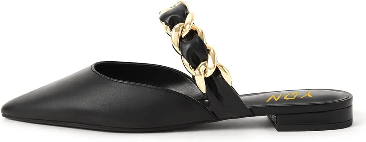YDN Women Pointed Toe Slip on Mules Chain Strap Flats Backless Penny Loafers Casual Beach Dressy Shoes Size 4-15 US