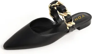 YDN Women Pointed Toe Slip on Mules Chain Strap Flats Backless Penny Loafers Casual Beach Dressy Shoes Size 4-15 US