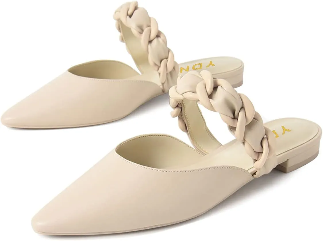 YDN Women Pointed Toe Slip on Mules Chain Strap Flats Backless Penny Loafers Casual Beach Dressy Shoes Size 4-15 US