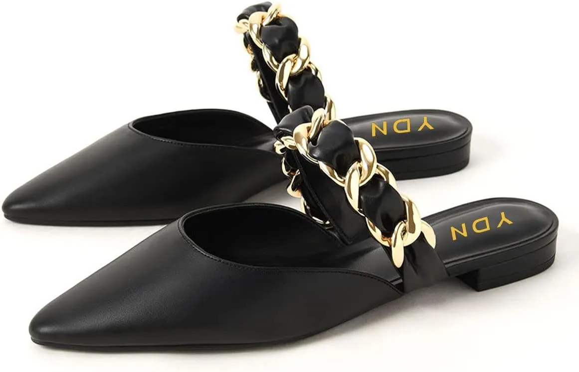 YDN Women Pointed Toe Slip on Mules Chain Strap Flats Backless Penny Loafers Casual Beach Dressy Shoes Size 4-15 US