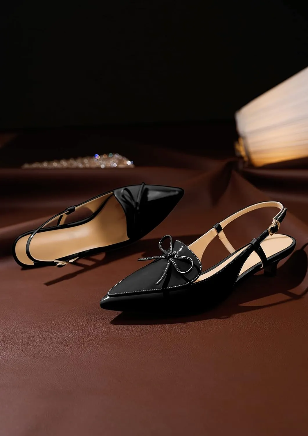 Zamikoo Kitten Heels for Women with Bow, Low Heel Slingback Sandals, Pointed Toe Loafer Pumps Shoes for Dress Work Office Casual 1.5 Inches