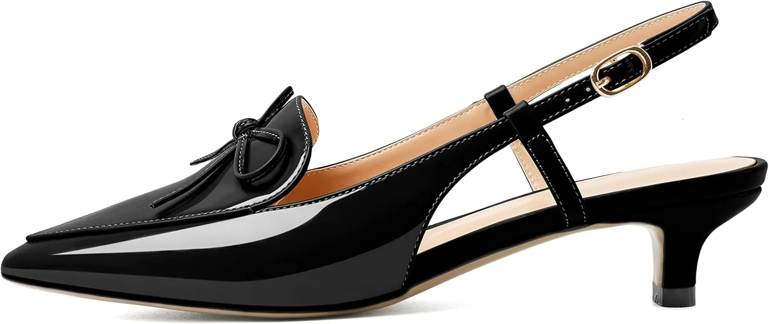 Zamikoo Kitten Heels for Women with Bow, Low Heel Slingback Sandals, Pointed Toe Loafer Pumps Shoes for Dress Work Office Casual 1.5 Inches