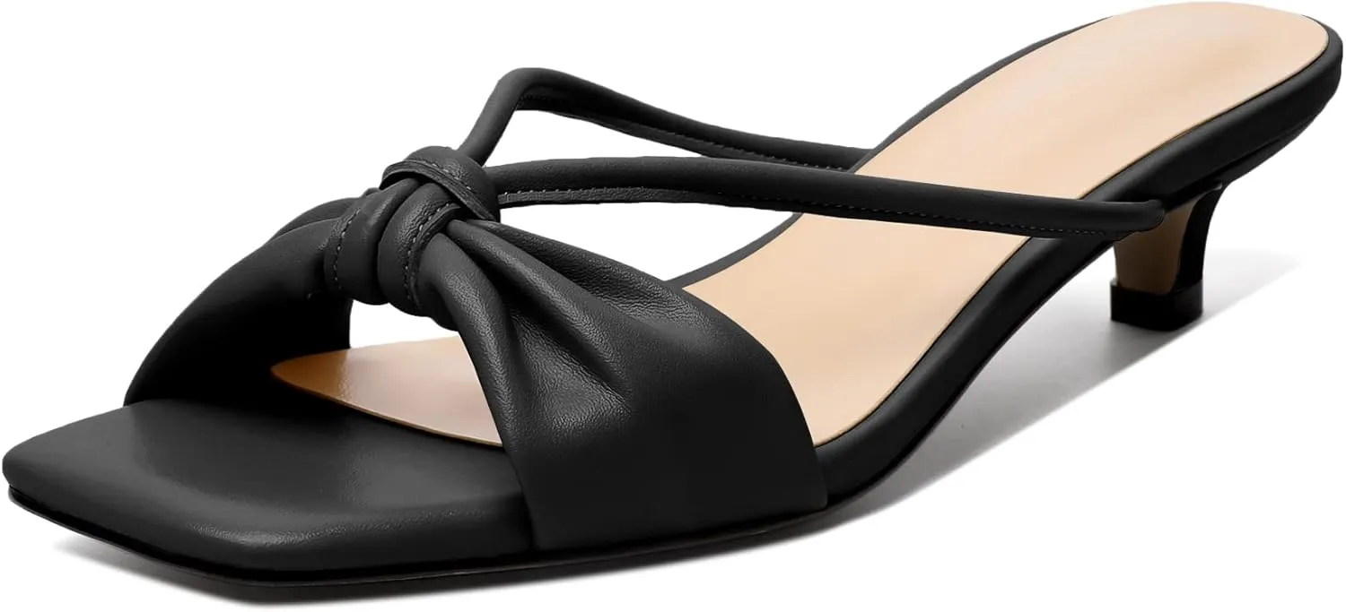 Zamikoo Women's Heeled Sandals, Square Open Toe Kitten Heel Mules, Slip On Low Heeled Slippers with Bowknot for Dress Wedding Ladies Pump Shoes 1.5 Inches