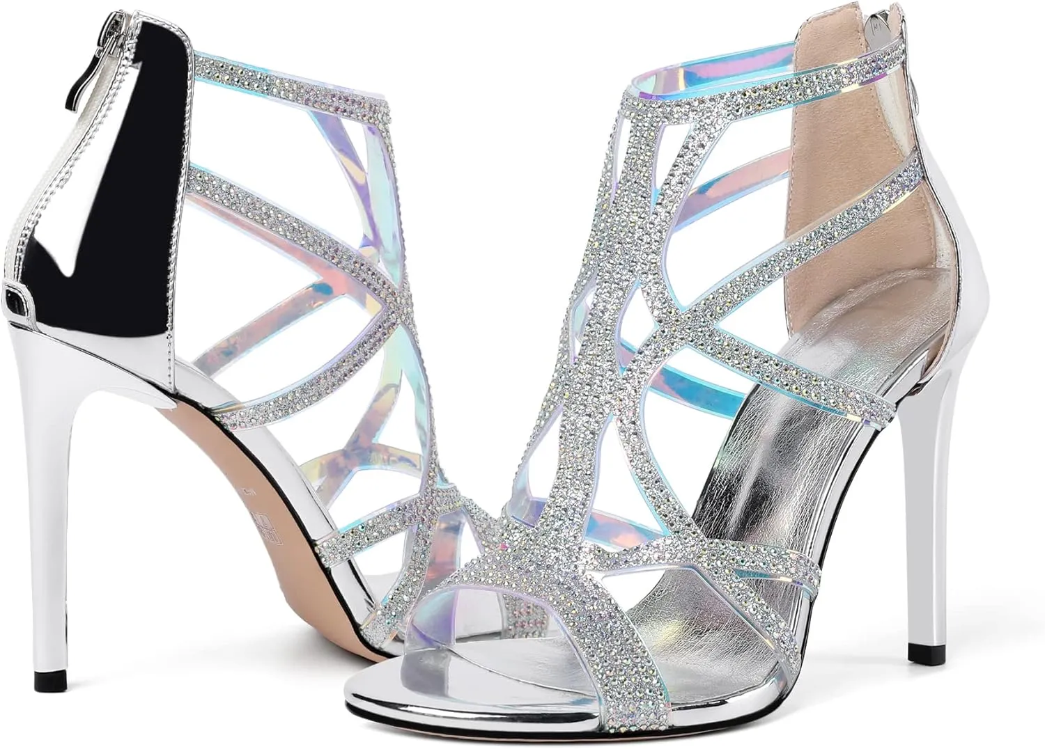 Zamikoo Women's High Heel Sandals, Open Toe Woman Sandals Rhinestone, Cutout Strappy Gladiator Heels, Sparkly Stiletto Heels Pumps Shoes for Dress Party Evening 4 Inch