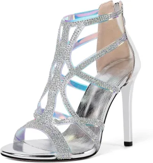 Zamikoo Women's High Heel Sandals, Open Toe Woman Sandals Rhinestone, Cutout Strappy Gladiator Heels, Sparkly Stiletto Heels Pumps Shoes for Dress Party Evening 4 Inch