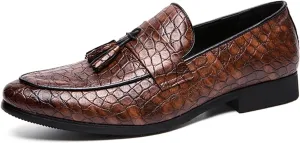 Zeberfi Men's Pattern Leather Slip On Tassel Dress Loafers Fashion Pointed Toe Low Top Non-Slip Luxury Business Formal Shoes