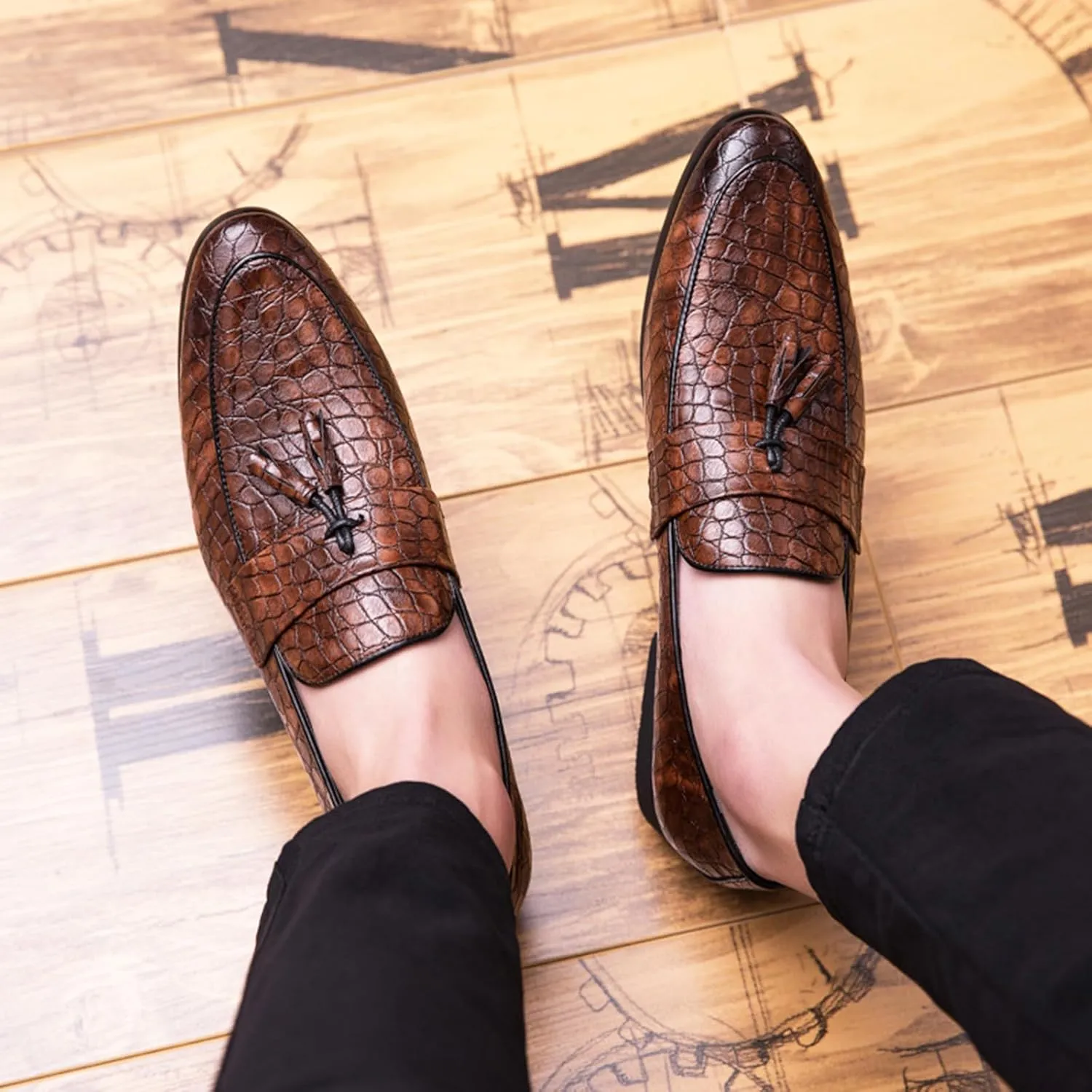 Zeberfi Men's Pattern Leather Slip On Tassel Dress Loafers Fashion Pointed Toe Low Top Non-Slip Luxury Business Formal Shoes