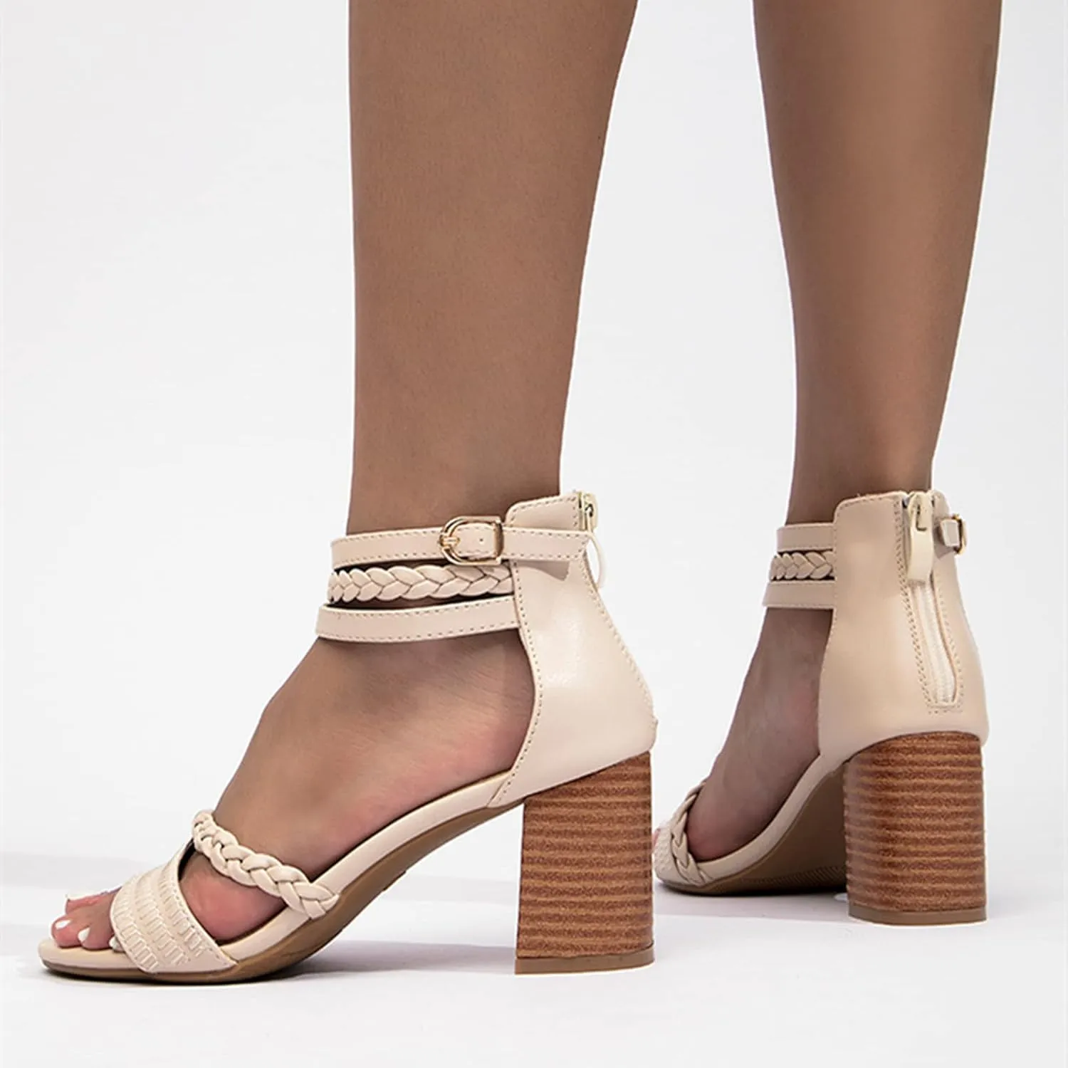 ZKXYFFS Braided Heels for Women Chunky Heel Open Toe Ankle Strap Block Heels Sandals Party Wedding Dress Pumps Shoes
